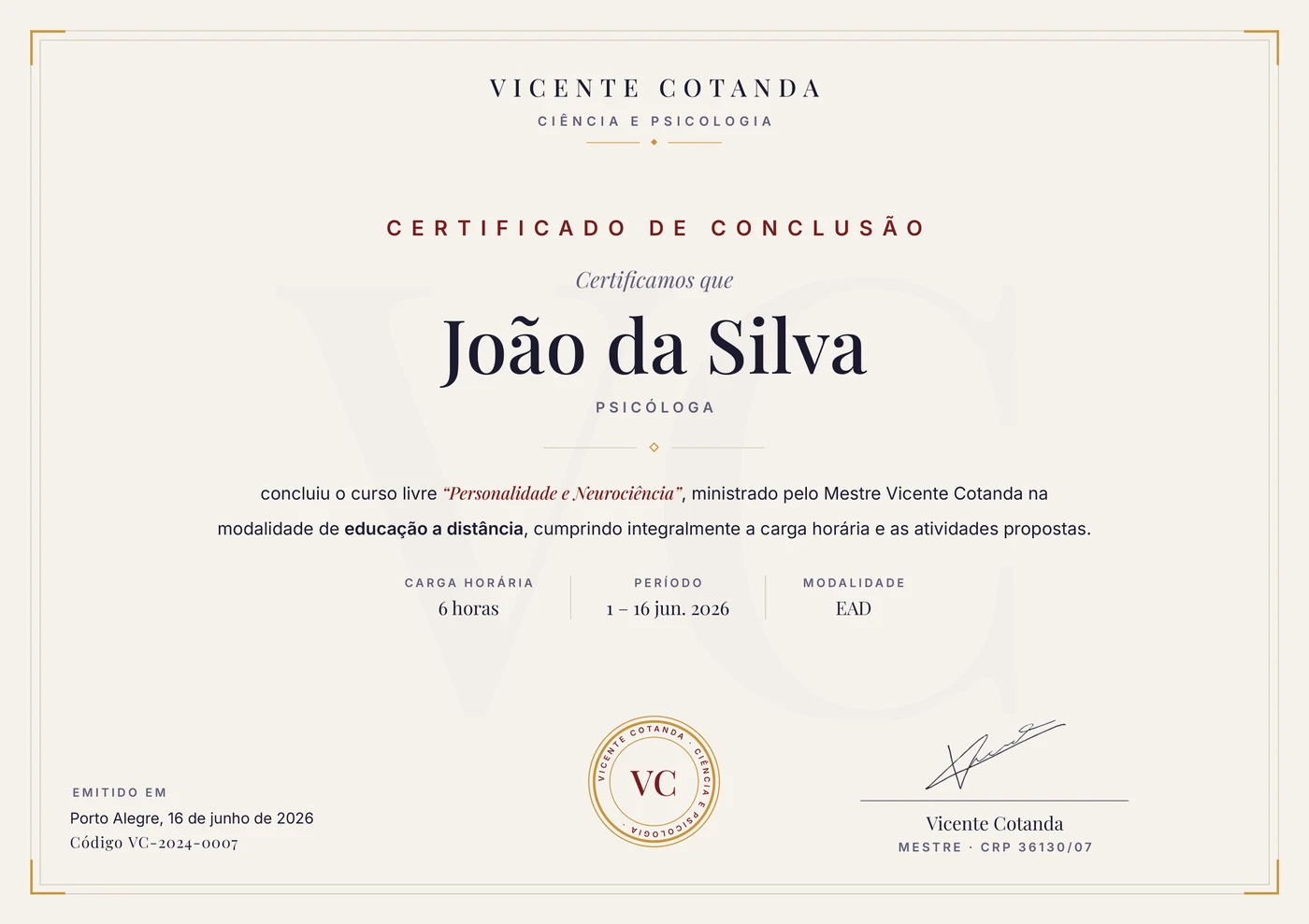 Modelo do certificado de conclusão do curso