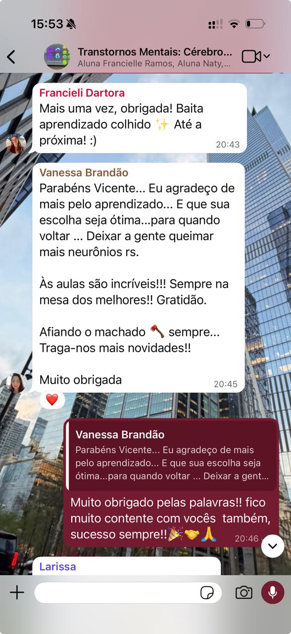 Print de depoimento de alunas no WhatsApp agradecendo pelo aprendizado