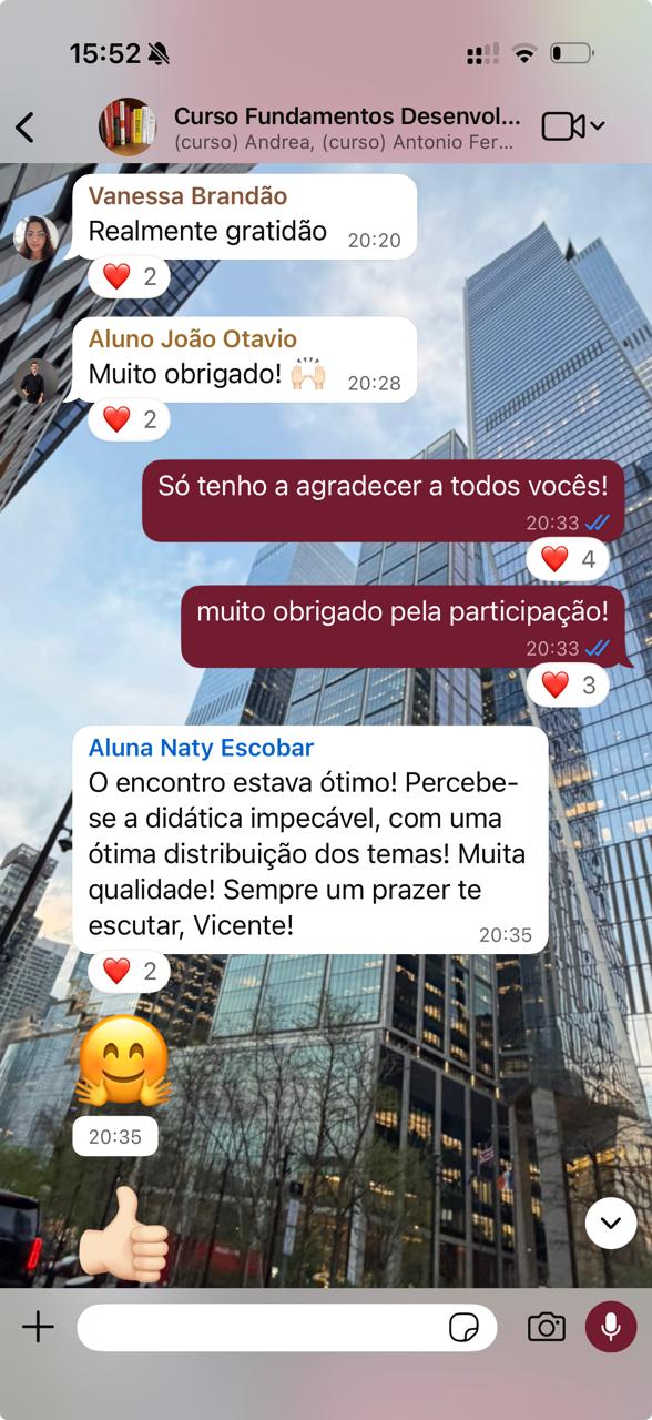 Print de depoimento de aluna no WhatsApp sobre didática e qualidade do encontro